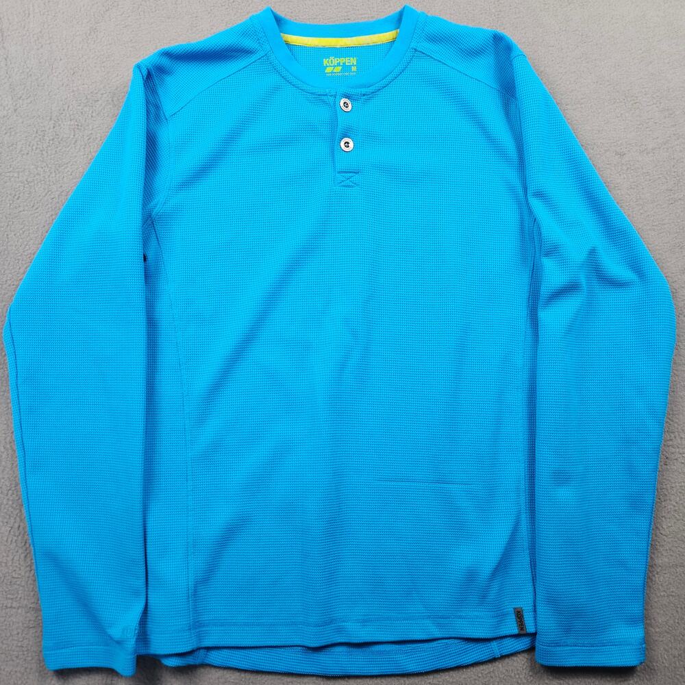 Koppen Thermal Henley Shirt Mens M Blue Waffle Knit Long Sleeve